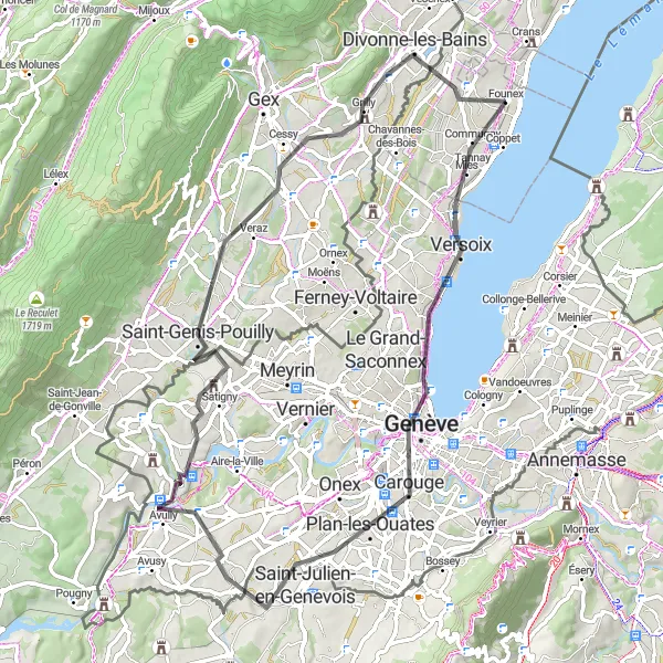 Miniatuurkaart van de fietsinspiratie "Rondrit van Founex naar Divonne-les-Bains" in Région lémanique, Switzerland. Gemaakt door de Tarmacs.app fietsrouteplanner