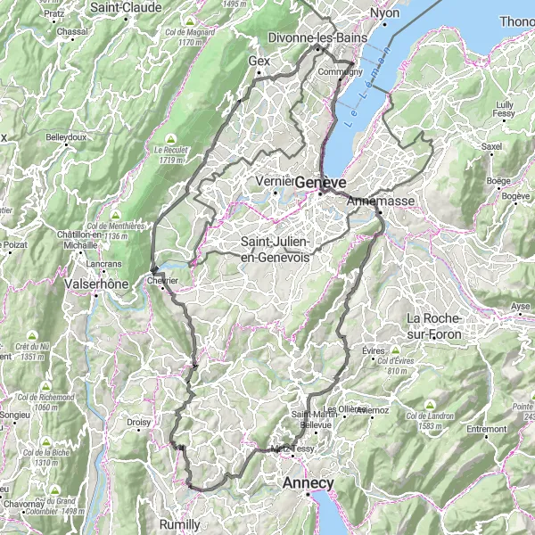 Miniaturní mapa "Road Cycling Adventure near Founex" inspirace pro cyklisty v oblasti Région lémanique, Switzerland. Vytvořeno pomocí plánovače tras Tarmacs.app