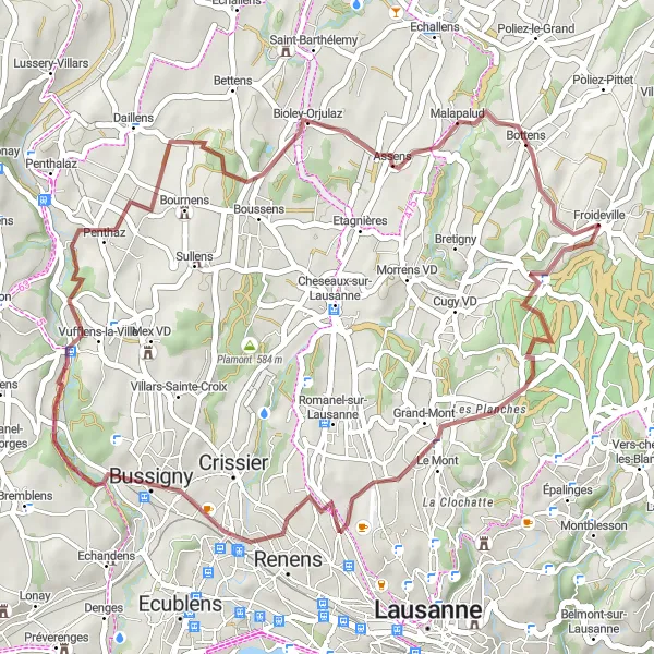 Map miniature of "Froideville - Assens Gravel Adventure" cycling inspiration in Région lémanique, Switzerland. Generated by Tarmacs.app cycling route planner