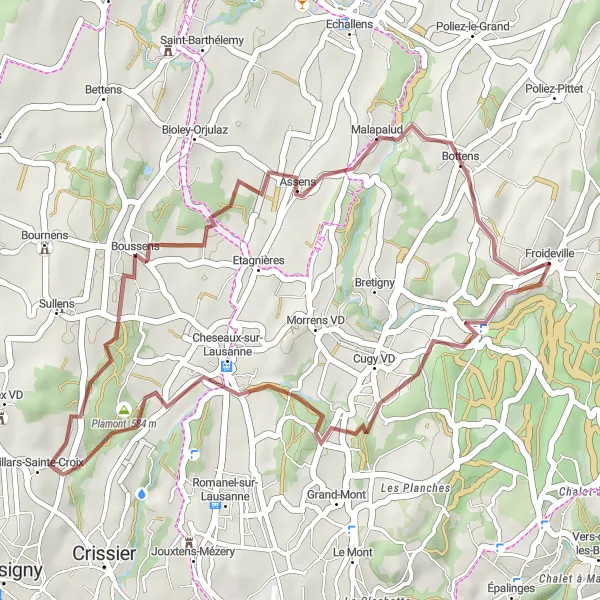 Miniatura della mappa di ispirazione al ciclismo "Corsa in bicicletta gravel da Froideville ad Assens e ritorno" nella regione di Région lémanique, Switzerland. Generata da Tarmacs.app, pianificatore di rotte ciclistiche