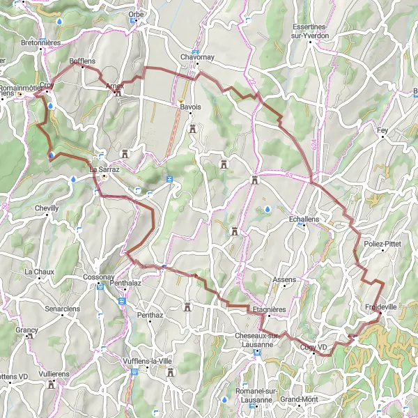 Miniatua del mapa de inspiración ciclista "Exploración rural en gravilla desde Froideville" en Région lémanique, Switzerland. Generado por Tarmacs.app planificador de rutas ciclistas