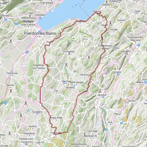 Kartminiatyr av "Froideville til Villars-Mendraz Grusvei Sykkeltur" sykkelinspirasjon i Région lémanique, Switzerland. Generert av Tarmacs.app sykkelrutoplanlegger