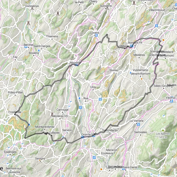 Miniatua del mapa de inspiración ciclista "Ruta de Carretera de Rossenges a Les Cullayes" en Région lémanique, Switzerland. Generado por Tarmacs.app planificador de rutas ciclistas