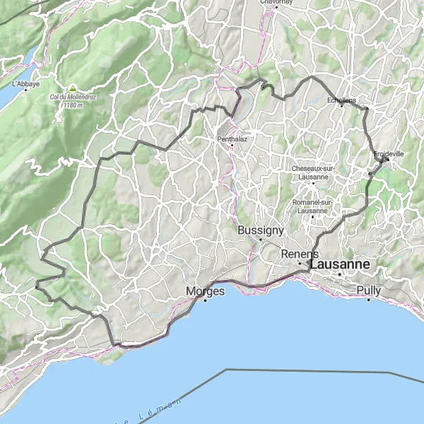 Miniatura della mappa di ispirazione al ciclismo "Viaggio in bicicletta da Montheron a Froideville" nella regione di Région lémanique, Switzerland. Generata da Tarmacs.app, pianificatore di rotte ciclistiche