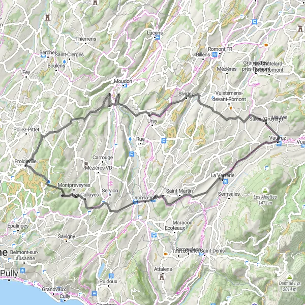 Map miniature of "Road Cycling Adventure to Rossenges and Oron-le-Châtel" cycling inspiration in Région lémanique, Switzerland. Generated by Tarmacs.app cycling route planner