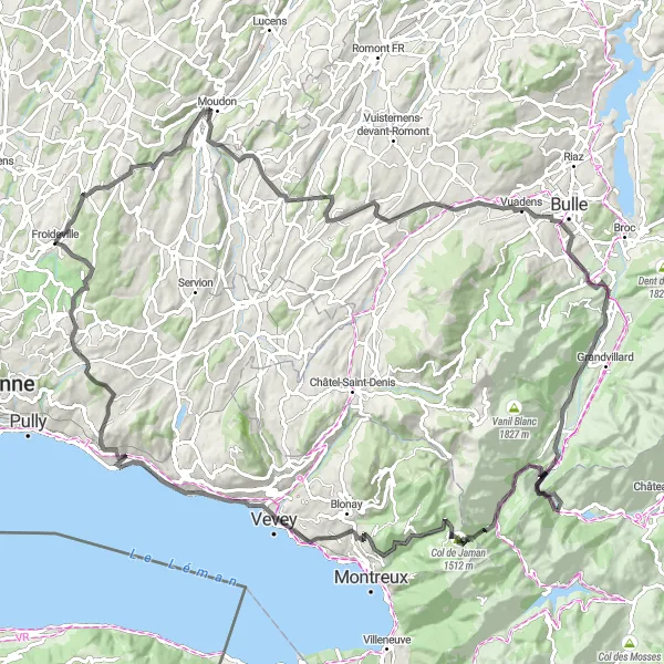 Mapa miniatúra "Okolo Région lémanique: Road Cycling Adventure" cyklistická inšpirácia v Région lémanique, Switzerland. Vygenerované cyklistickým plánovačom trás Tarmacs.app