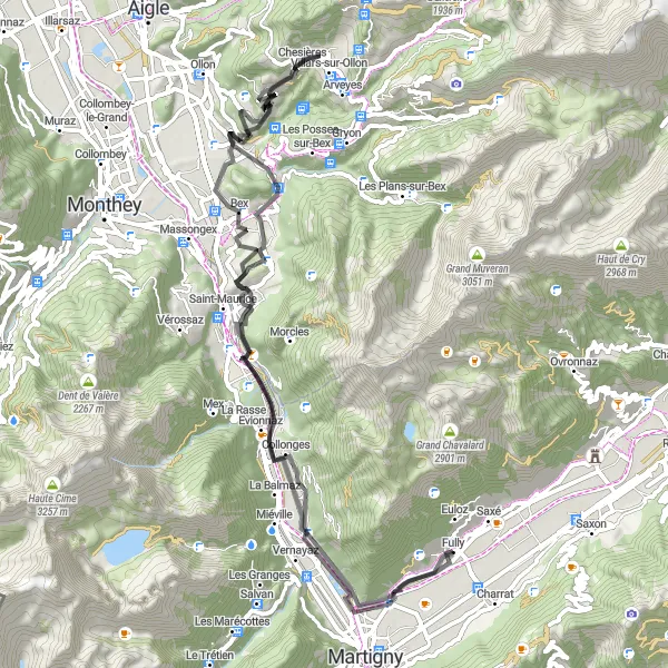 Miniatuurkaart van de fietsinspiratie "Pilier de la Pissechèvre naar Fully" in Région lémanique, Switzerland. Gemaakt door de Tarmacs.app fietsrouteplanner