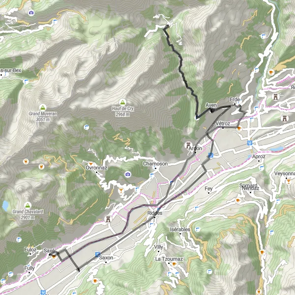 Miniatua del mapa de inspiración ciclista "Ruta de ciclismo de carretera desde Fully a Riddes" en Région lémanique, Switzerland. Generado por Tarmacs.app planificador de rutas ciclistas