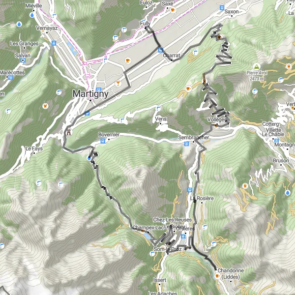 Miniature de la carte de l'inspiration cycliste "Tour de Fully et ses joyaux cachés" dans la Région lémanique, Switzerland. Générée par le planificateur d'itinéraire cycliste Tarmacs.app