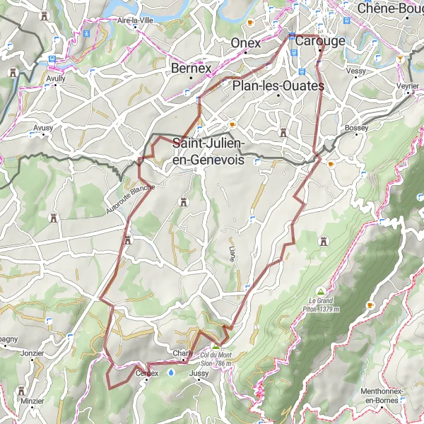 Mapa miniatúra "Gravel Route from Genève to Archamps" cyklistická inšpirácia v Région lémanique, Switzerland. Vygenerované cyklistickým plánovačom trás Tarmacs.app