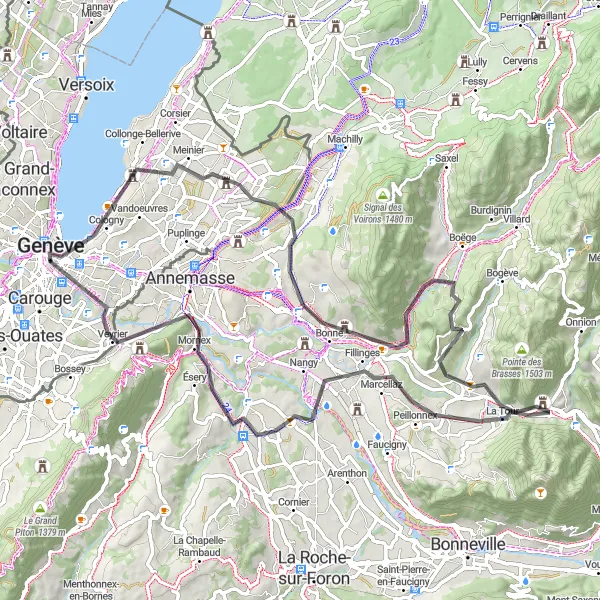 Map miniature of "Geneva and the Mont Gosse Circuit" cycling inspiration in Région lémanique, Switzerland. Generated by Tarmacs.app cycling route planner