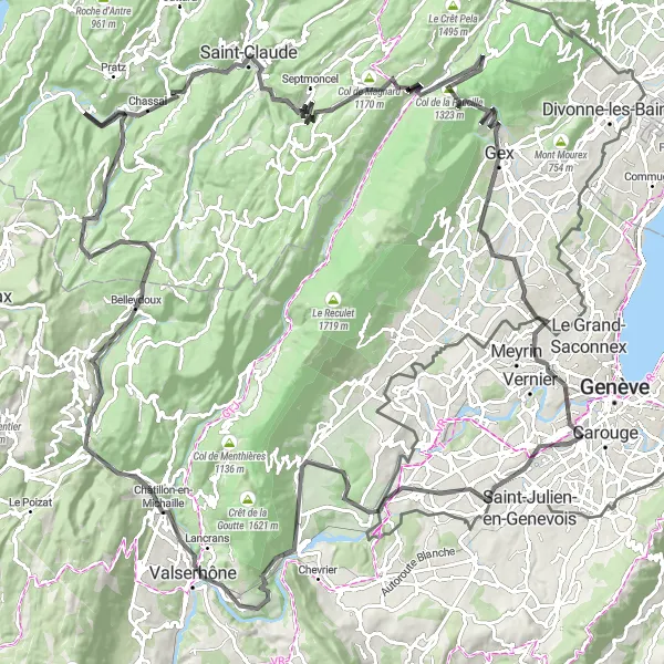 Map miniature of "Geneva and the Jura Alps Loop" cycling inspiration in Région lémanique, Switzerland. Generated by Tarmacs.app cycling route planner