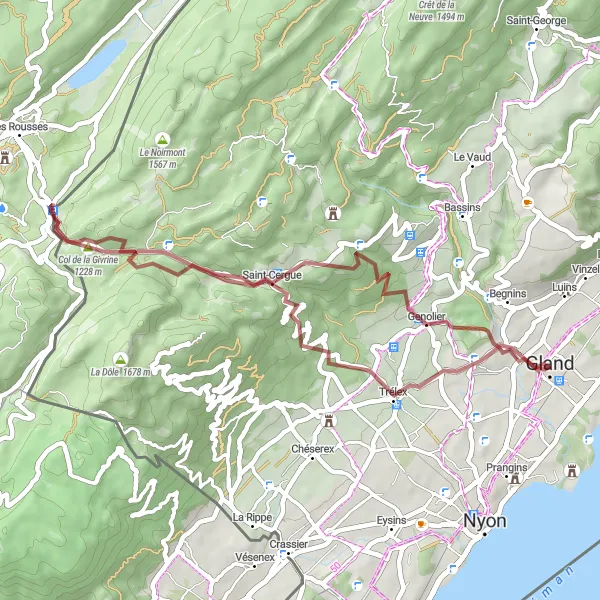 Map miniature of "Gravel Exploration: Gland to Genolier" cycling inspiration in Région lémanique, Switzerland. Generated by Tarmacs.app cycling route planner