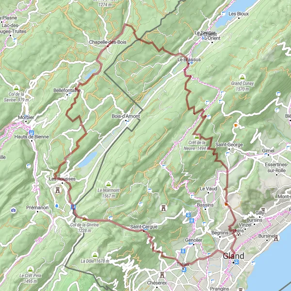 Zemljevid v pomanjšavi "Gravel Route: Gland - Coinsins - Col de la Givrine - Bellefontaine - Roche Bernard - Le Brassus - Crêt de la Neuve - Longirod - Église de Luins - Gland" kolesarske inspiracije v Région lémanique, Switzerland. Generirano z načrtovalcem kolesarskih poti Tarmacs.app