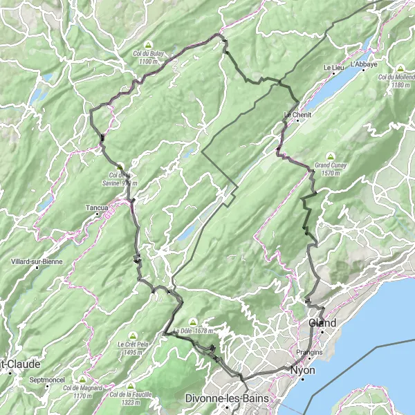Miniature de la carte de l'inspiration cycliste "Les Cols Jurassiens - circuit de vélo de route" dans la Région lémanique, Switzerland. Générée par le planificateur d'itinéraire cycliste Tarmacs.app