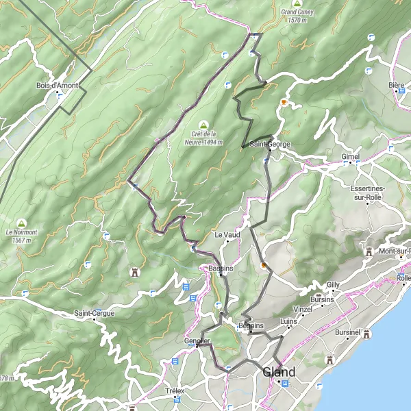 Miniatua del mapa de inspiración ciclista "Ruta en Carretera de Gland a Église de Luins" en Région lémanique, Switzerland. Generado por Tarmacs.app planificador de rutas ciclistas
