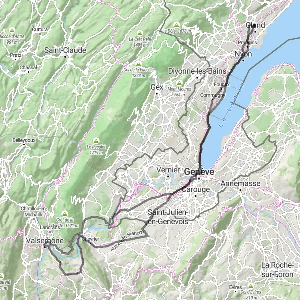 Miniaturekort af cykelinspirationen "Lang vejcykeltur til Coppet" i Région lémanique, Switzerland. Genereret af Tarmacs.app cykelruteplanlægger