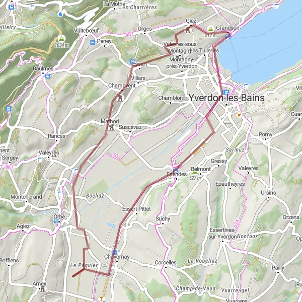 Miniatua del mapa de inspiración ciclista "Ruta de Grava de Yverdon-les-Bains a Giez" en Région lémanique, Switzerland. Generado por Tarmacs.app planificador de rutas ciclistas