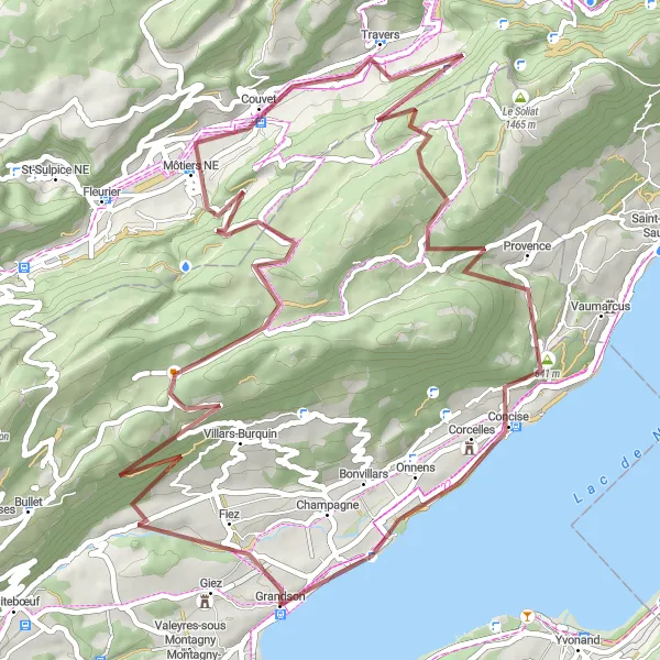 Miniatura della mappa di ispirazione al ciclismo "Rotta in bicicletta sterrata da Grandson a Couvet" nella regione di Région lémanique, Switzerland. Generata da Tarmacs.app, pianificatore di rotte ciclistiche