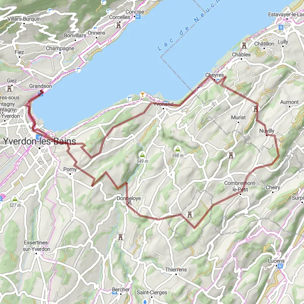 Map miniature of "Discover Nuvilly and Démoret: Grandson to Yvonand via Nuvilly and Démoret" cycling inspiration in Région lémanique, Switzerland. Generated by Tarmacs.app cycling route planner