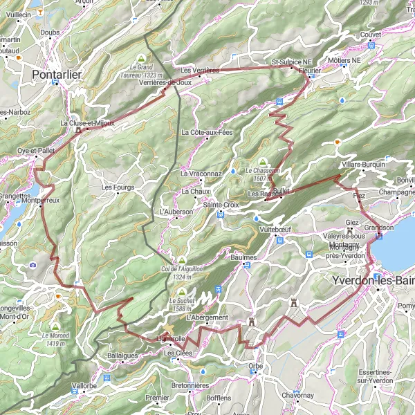 Kartminiatyr av "Suscévaz til Fontaines Grusvei Eventyr" sykkelinspirasjon i Région lémanique, Switzerland. Generert av Tarmacs.app sykkelrutoplanlegger