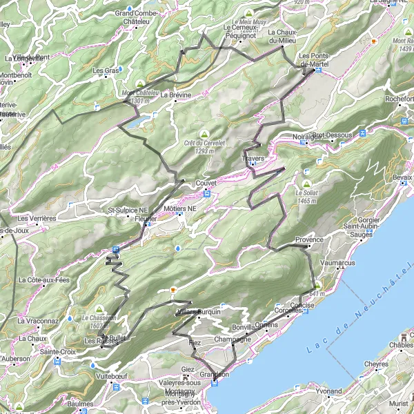 Kartminiatyr av "Äventyrlig cykling genom Les Cernoniers och Travers" cykelinspiration i Région lémanique, Switzerland. Genererad av Tarmacs.app cykelruttplanerare