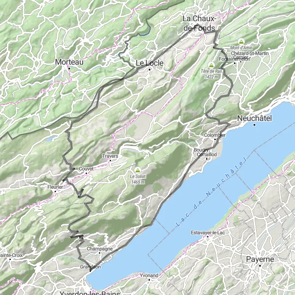 Map miniature of "Fontaines to Grandson Road Route" cycling inspiration in Région lémanique, Switzerland. Generated by Tarmacs.app cycling route planner