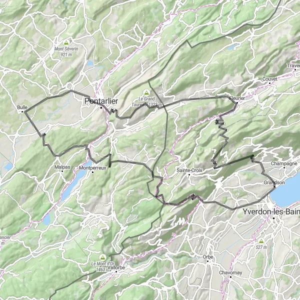 Kartminiatyr av "Rundtur från Grandson via Pontarlier och Bullet" cykelinspiration i Région lémanique, Switzerland. Genererad av Tarmacs.app cykelruttplanerare