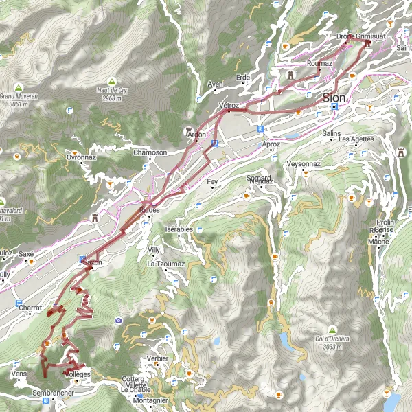 Miniatura della mappa di ispirazione al ciclismo "Scopri la natura incontaminata vicino a Grimisuat in bicicletta" nella regione di Région lémanique, Switzerland. Generata da Tarmacs.app, pianificatore di rotte ciclistiche