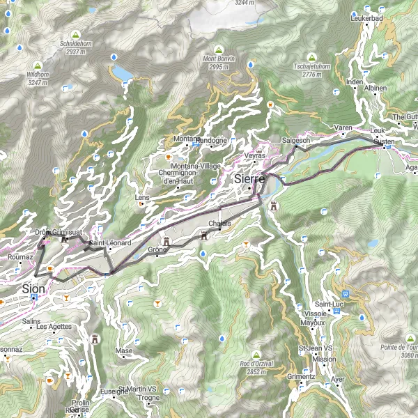 Kartminiatyr av "Grimisuat til Salgesch via Château de Vaas" sykkelinspirasjon i Région lémanique, Switzerland. Generert av Tarmacs.app sykkelrutoplanlegger