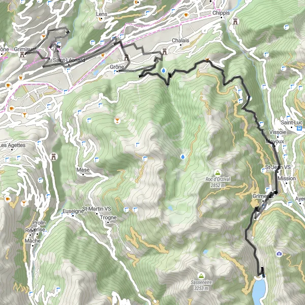 Miniaturní mapa "Road Cycling Challenge to Grimentz and Vercorin" inspirace pro cyklisty v oblasti Région lémanique, Switzerland. Vytvořeno pomocí plánovače tras Tarmacs.app