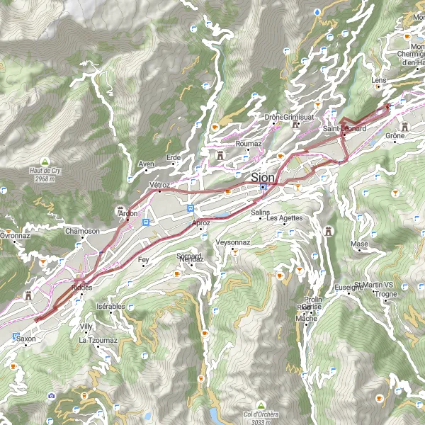Miniaturní mapa "Cyklotrasa Château de Vaas - Flanthey" inspirace pro cyklisty v oblasti Région lémanique, Switzerland. Vytvořeno pomocí plánovače tras Tarmacs.app