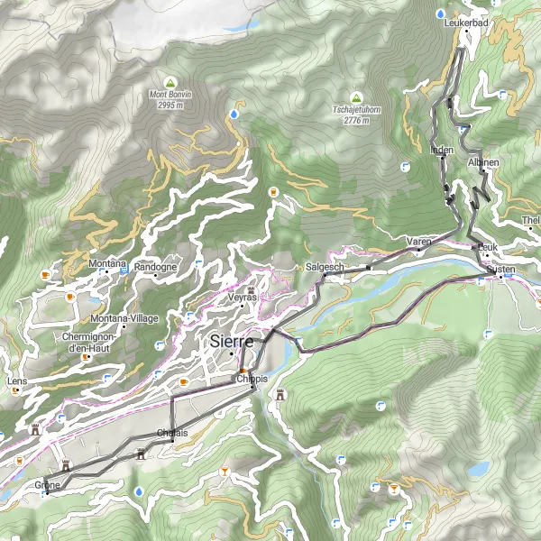 Miniaturní mapa "Chateau de Réchy - Albinen - Schloss Leuk - Ruines du Château Morestel Road Route" inspirace pro cyklisty v oblasti Région lémanique, Switzerland. Vytvořeno pomocí plánovače tras Tarmacs.app