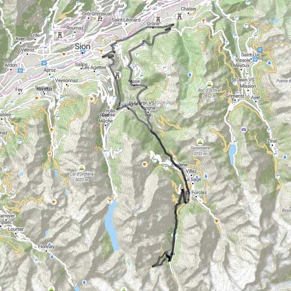 Miniatua del mapa de inspiración ciclista "Ruta de ciclismo de carretera por Grône - Arolla - Grône" en Région lémanique, Switzerland. Generado por Tarmacs.app planificador de rutas ciclistas
