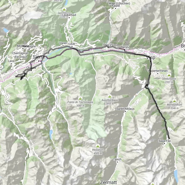 Map miniature of "Challenging Road Cycling Challenge of Grône" cycling inspiration in Région lémanique, Switzerland. Generated by Tarmacs.app cycling route planner