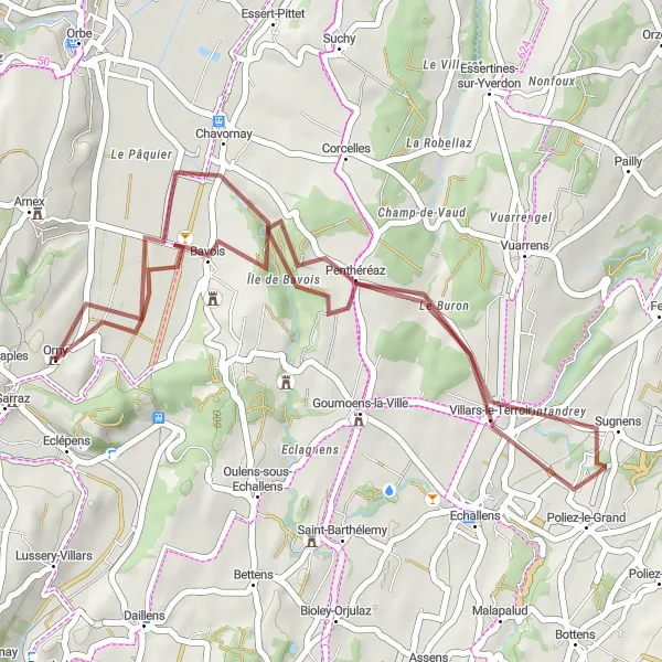 Map miniature of "Villars-le-Terroir and Étang du Buron" cycling inspiration in Région lémanique, Switzerland. Generated by Tarmacs.app cycling route planner