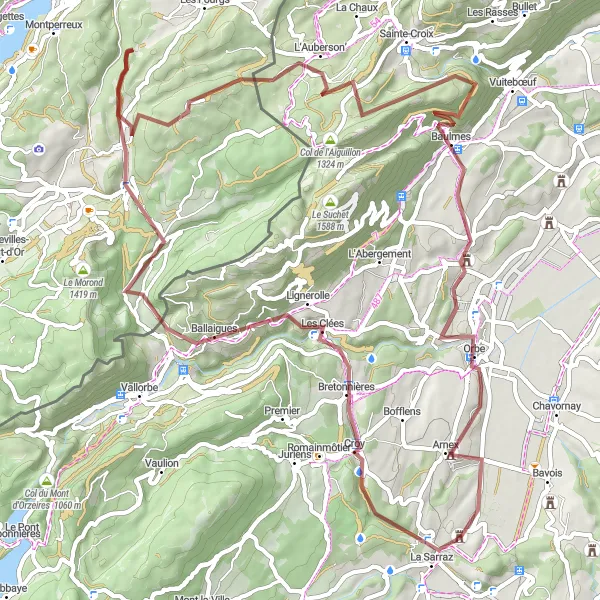 Karttaminiaatyyri "Maastoajo La Sarrazista" pyöräilyinspiraatiosta alueella Région lémanique, Switzerland. Luotu Tarmacs.app pyöräilyreittisuunnittelijalla