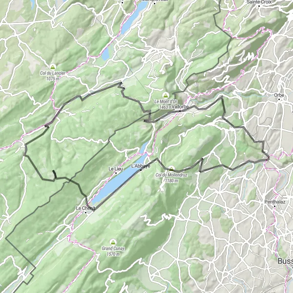 Karttaminiaatyyri "Jura-vuoriston kiertoreitti" pyöräilyinspiraatiosta alueella Région lémanique, Switzerland. Luotu Tarmacs.app pyöräilyreittisuunnittelijalla