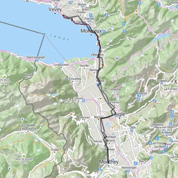 Miniaturní mapa "Okruh kolem Vevey" inspirace pro cyklisty v oblasti Région lémanique, Switzerland. Vytvořeno pomocí plánovače tras Tarmacs.app