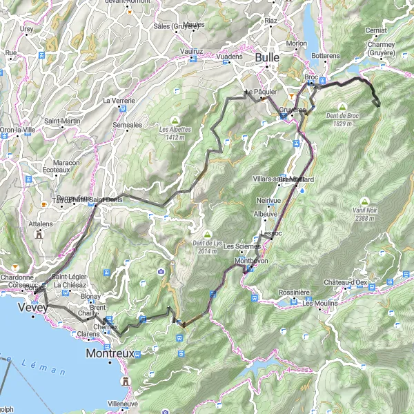 Miniatura della mappa di ispirazione al ciclismo "Giro panoramico attraverso Châtel-Saint-Denis e Vevey" nella regione di Région lémanique, Switzerland. Generata da Tarmacs.app, pianificatore di rotte ciclistiche