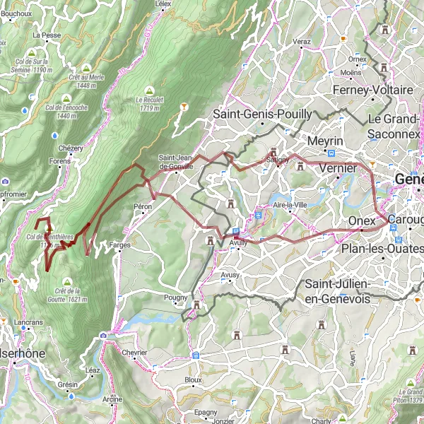 Map miniature of "Gravel Adventure in Bernex and Challex" cycling inspiration in Région lémanique, Switzerland. Generated by Tarmacs.app cycling route planner