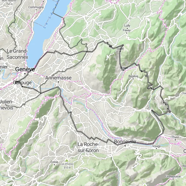 Map miniature of "Road Cycling Tour: Geneva to Col de Saxel" cycling inspiration in Région lémanique, Switzerland. Generated by Tarmacs.app cycling route planner