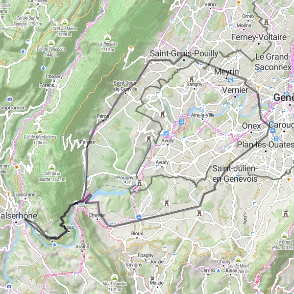 Miniature de la carte de l'inspiration cycliste "Boucle à la découverte de la campagne genevoise" dans la Région lémanique, Switzerland. Générée par le planificateur d'itinéraire cycliste Tarmacs.app