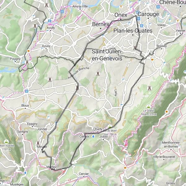 Map miniature of "Exploring Voies Ferrées and Col du Mont Sion" cycling inspiration in Région lémanique, Switzerland. Generated by Tarmacs.app cycling route planner