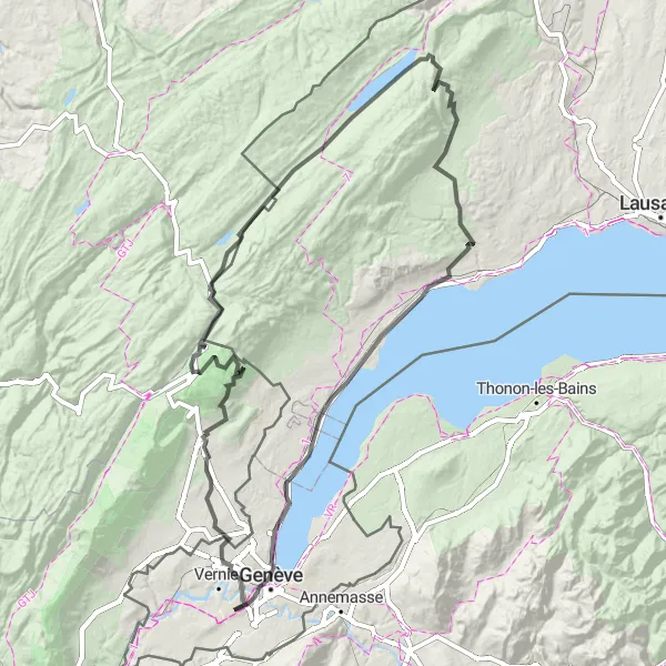 Zemljevid v pomanjšavi "Velika pustolovščina okoli Ženevskega Jezera" kolesarske inspiracije v Région lémanique, Switzerland. Generirano z načrtovalcem kolesarskih poti Tarmacs.app