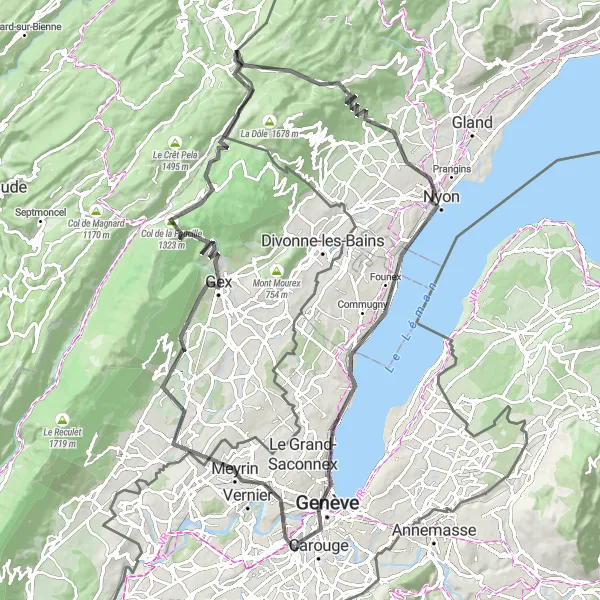 Miniatura della mappa di ispirazione al ciclismo "Giro in bicicletta dal Lancy - Vernier - Gex - Col de la Faucille" nella regione di Région lémanique, Switzerland. Generata da Tarmacs.app, pianificatore di rotte ciclistiche