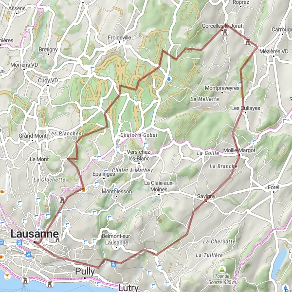 Miniatua del mapa de inspiración ciclista "Ruta de Grava a Sauvabelin Tower" en Région lémanique, Switzerland. Generado por Tarmacs.app planificador de rutas ciclistas