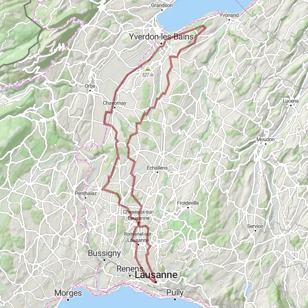 Miniatua del mapa de inspiración ciclista "Ruta de Grava a Cheseaux-Noréaz" en Région lémanique, Switzerland. Generado por Tarmacs.app planificador de rutas ciclistas