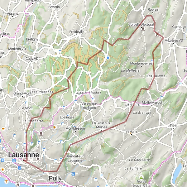 Kartminiatyr av "Gruset eventyr til Belmont-sur-Lausanne" sykkelinspirasjon i Région lémanique, Switzerland. Generert av Tarmacs.app sykkelrutoplanlegger