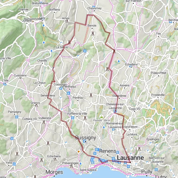 Miniatura della mappa di ispirazione al ciclismo "Avventura in bicicletta da Lausanne a La Sarraz e ritorno" nella regione di Région lémanique, Switzerland. Generata da Tarmacs.app, pianificatore di rotte ciclistiche